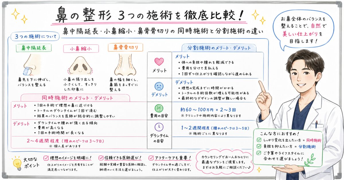 鼻中隔延長・小鼻縮小・鼻骨骨切りの同時施術は安全？DTと費用を解説