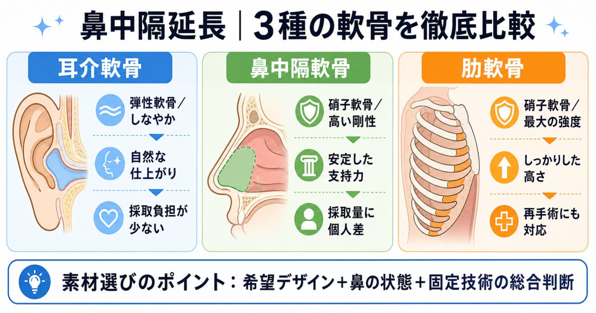 鼻中隔延長に最適な軟骨はどれ?耳介・鼻中隔・肋軟骨の特性と選び方を徹底比較