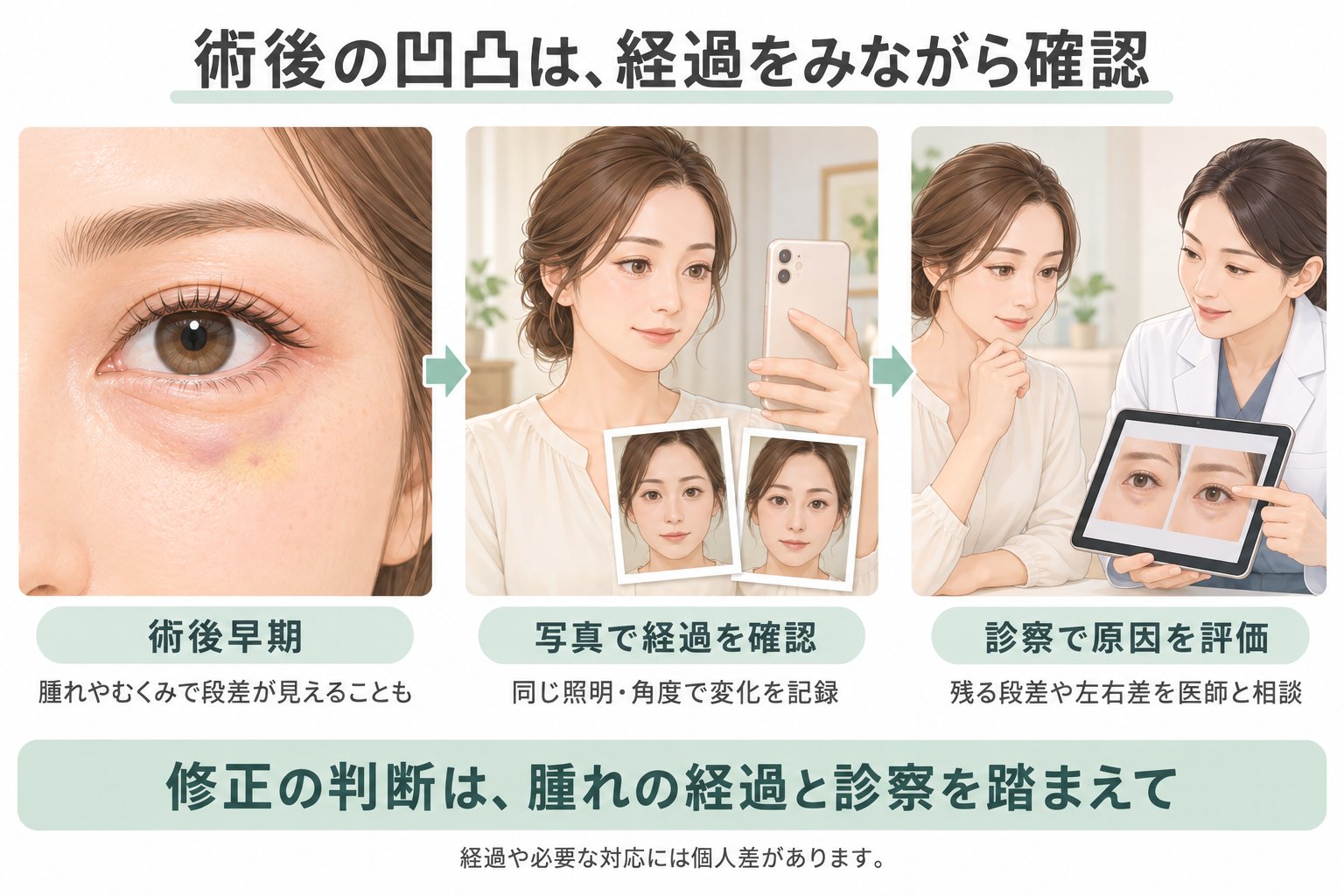 裏ハムラ法の術後に凹凸やくぼみが見えたら、どう判断する？
