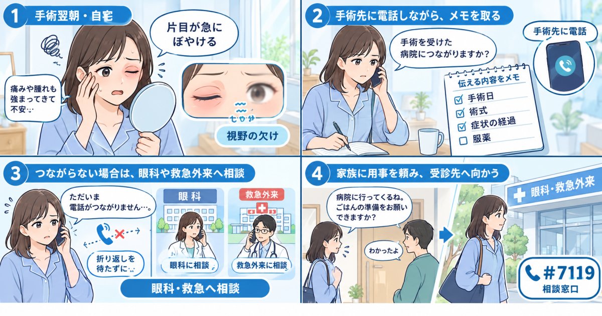 まぶた手術後に片目がぼやけたら？急ぐ症状と連絡できない時の受診先
